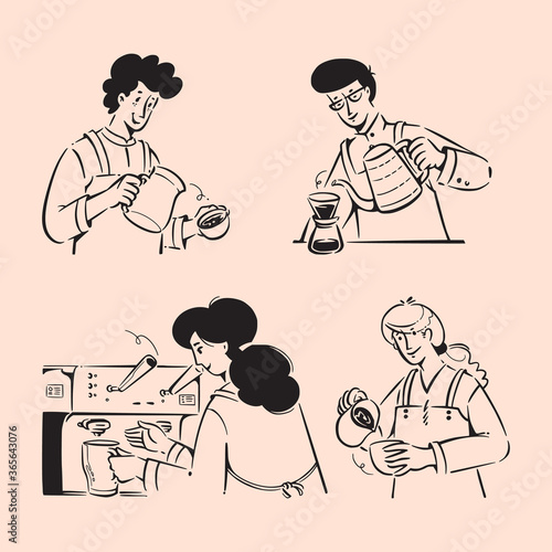 Barista People doodles. Hand-drawn coffee shop concept lines art style vector design illustrations. 
