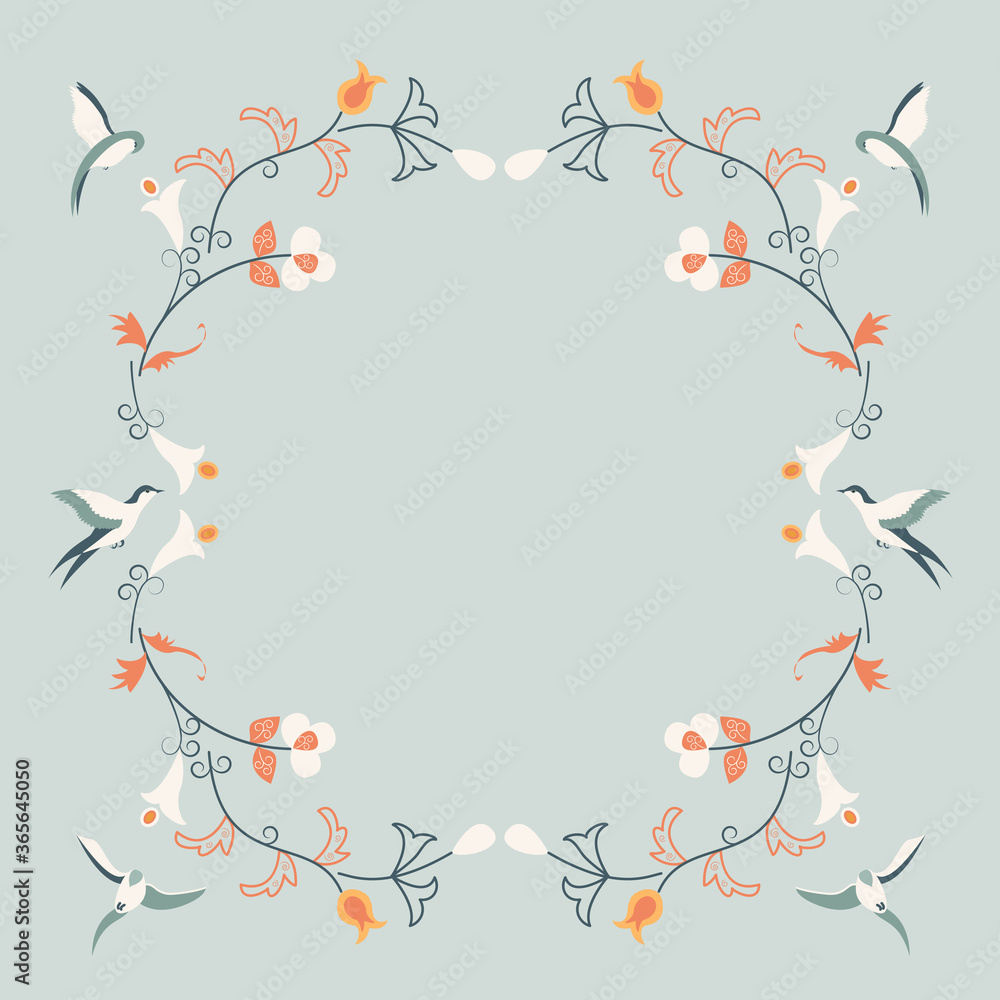 vector background with flowers and birds in Scandinavian style on white background.
