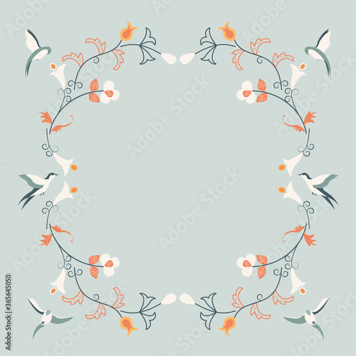 vector background with flowers and birds in Scandinavian style on white background.