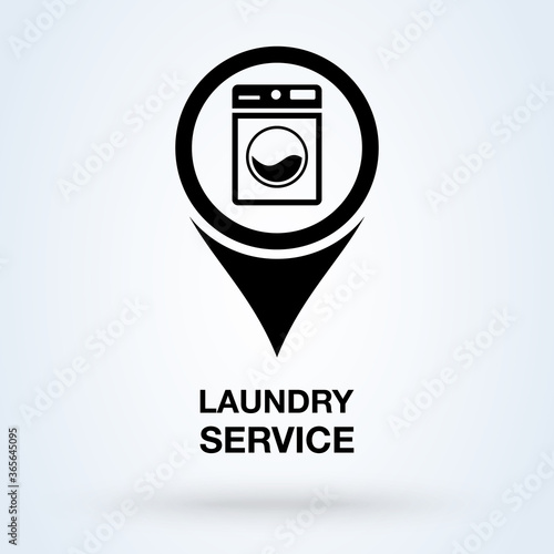 Laundry services location vector icon. Map pin with washing machine symbol.