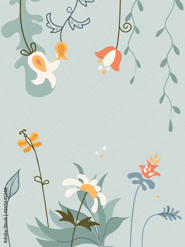 Vertical arrangement flowers, bird and butterfly in Scandinavian style on white background.