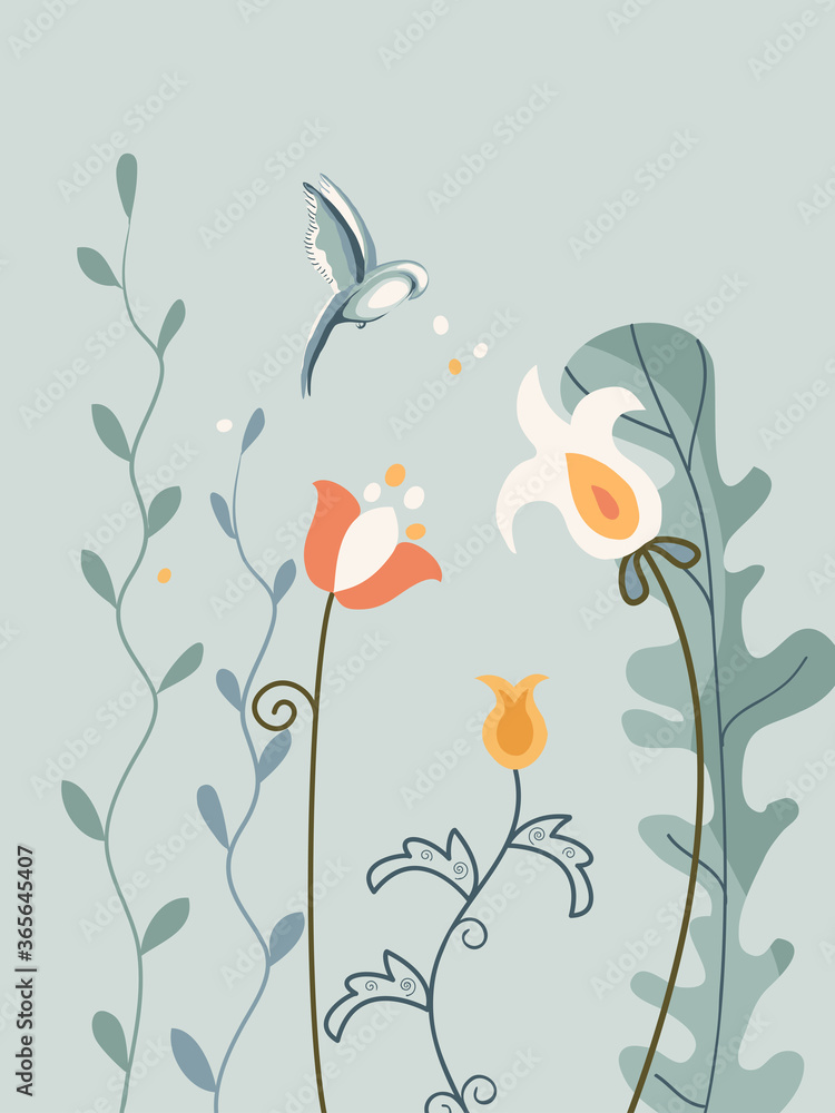 Vertical arrangement flowers and bird in Scandinavian style on white background.