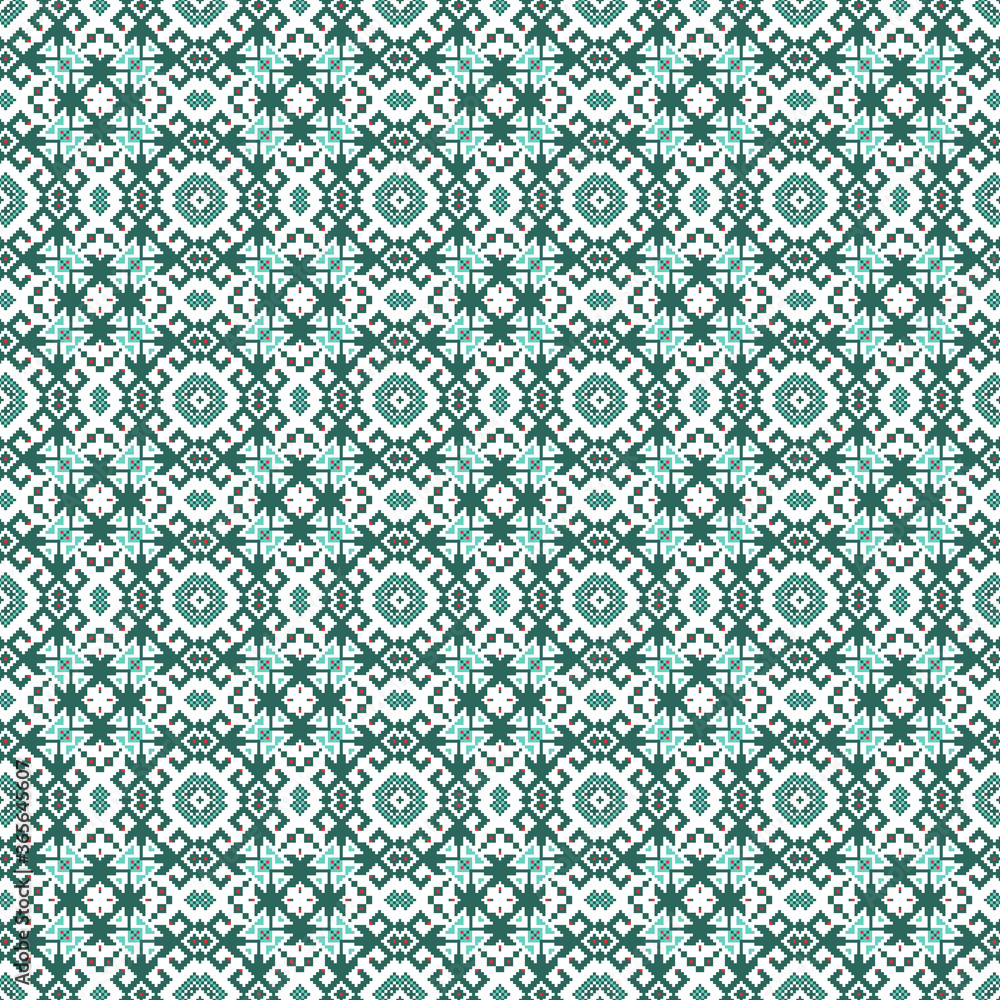 Seamless Green Cell pattern in Scandinavian, Nordic style. Ethnic, tribal background. Pixel design. Abstract embroidery. Seamless Green Cell pattern in Scandinavian, Nordic style. Ethnic, tribal background. Pixel design. Abstract embroidery.