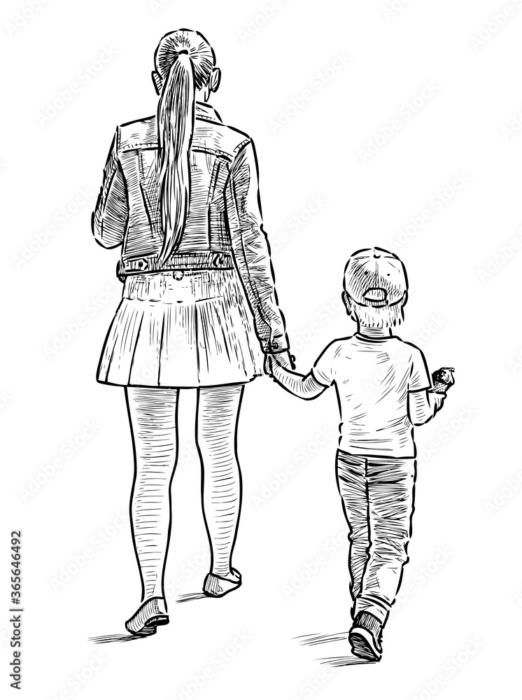 Sketch of young mother with her little son walking on a stroll