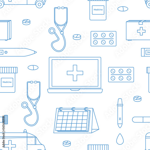 Vector seamless pattern of medical tools on white background.