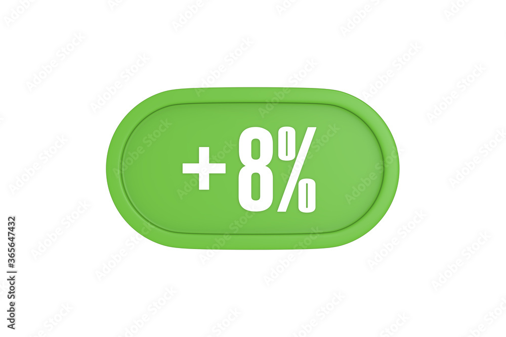 8 Percent increase 3d sign in light green color isolated on white background, 3d illustration. 8 Percent increase 3d sign in light green color isolated on white background, 3d illustration.
