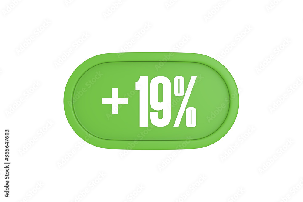 19 Percent increase 3d sign in light green color isolated on white background, 3d illustration. 19 Percent increase 3d sign in light green color isolated on white background, 3d illustration.