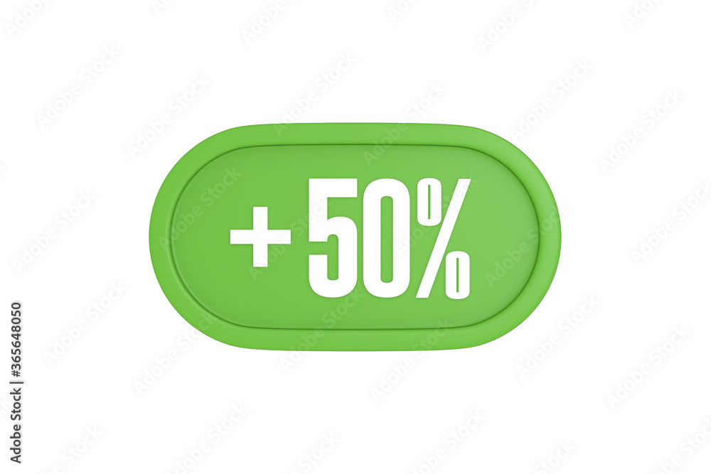 50 Percent increase 3d sign in light green color isolated on white background, 3d illustration. 50 Percent increase 3d sign in light green color isolated on white background, 3d illustration.