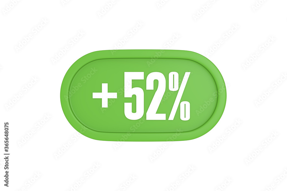 52 Percent increase 3d sign in light green color isolated on white background, 3d illustration.