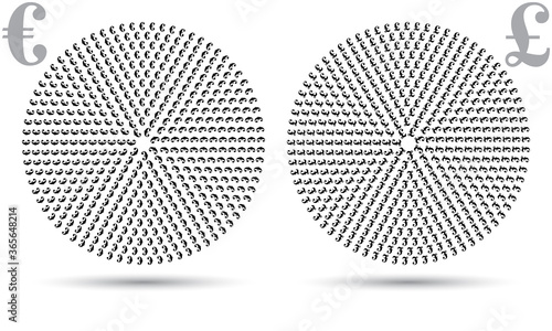 Halftone euro and poun sign in circle form. Round logo or icon. Vector frame as design element. photo