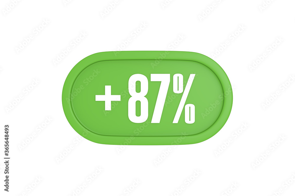 87 Percent increase 3d sign in light green color isolated on white background, 3d illustration. 87 Percent increase 3d sign in light green color isolated on white background, 3d illustration.