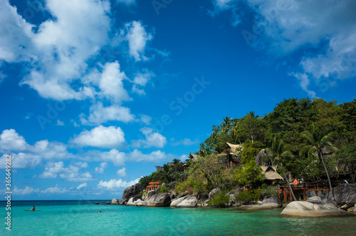 Tropical island paradise turquoise clear water at Sairee beach on Koh Tao, Thailand