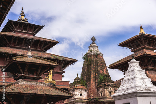 Rooftops of temples and stupas at Patan Durbar Square in Kathmandu, Nepal