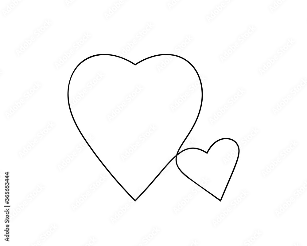 One line drawing of two hearts, Black and white vector minimalist illustration of love concept made of continuous line