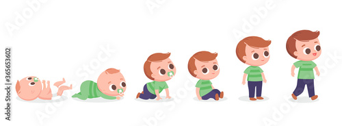 Baby boy walking. Developing process. Baby development timeline, baby growth stages. Crawling around and sitting. Set of baby characters.