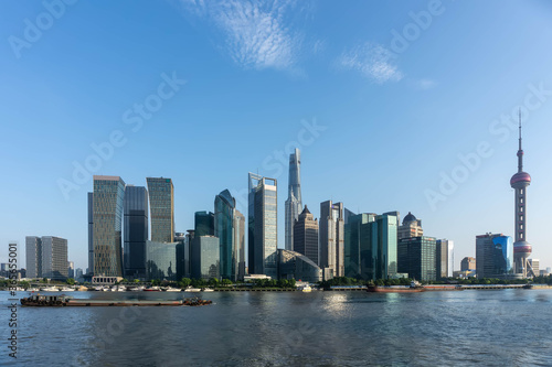 beautiful dusk scene of shanghai skyline and huangpu river