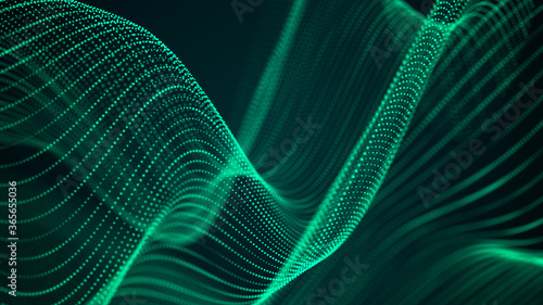 Digital green wave background of particles. Abstract futuristic dynamic background. Big data visualization. 3D rendering