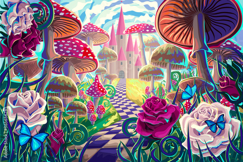 fantastic landscape with mushrooms, beautiful old castle, red and white roses and butterflies.
illustration to the fairy tale 