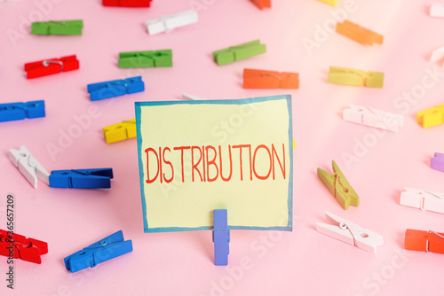 Text sign showing Distribution. Business photo text the behavior of several recipients sending something out Colored clothespin papers empty reminder pink floor background office pin photo