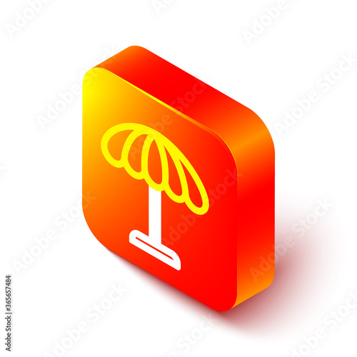 Isometric line Sun protective umbrella for beach icon isolated on white background. Large parasol for outdoor space. Beach umbrella. Orange square button. Vector Illustration.