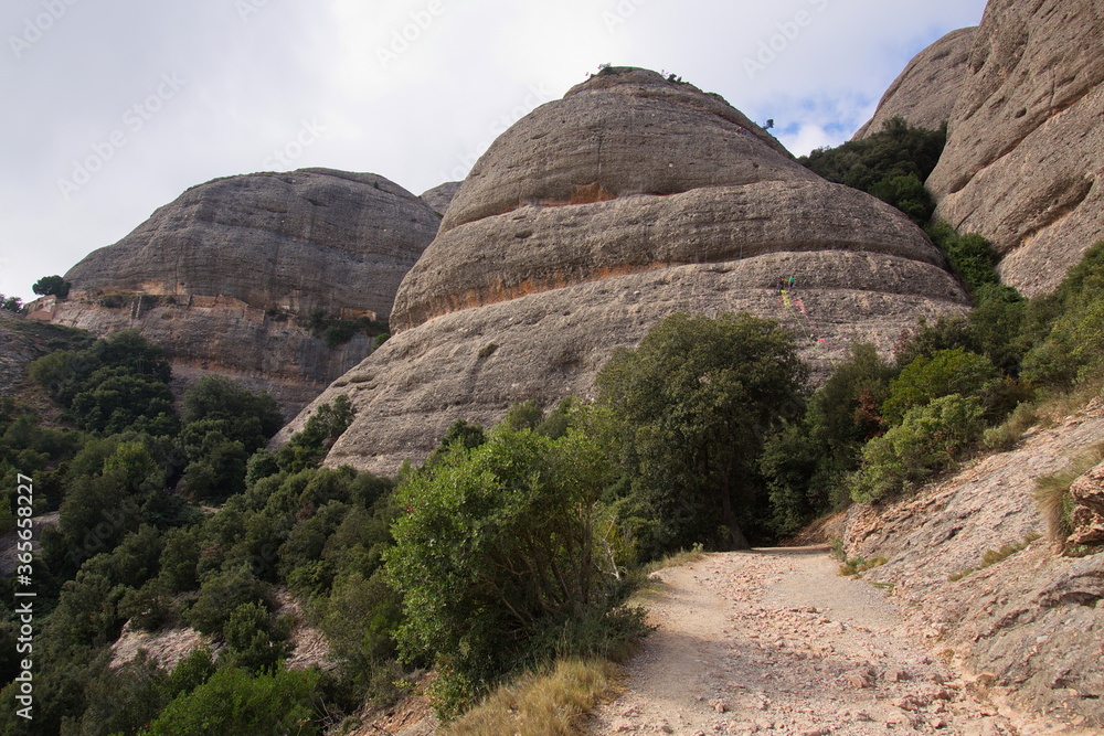 Landscape at the hiking track to Ermita de Sant Joan over Santa Maria de Montserrat Abbey, Catalonia, Spain, Europe
