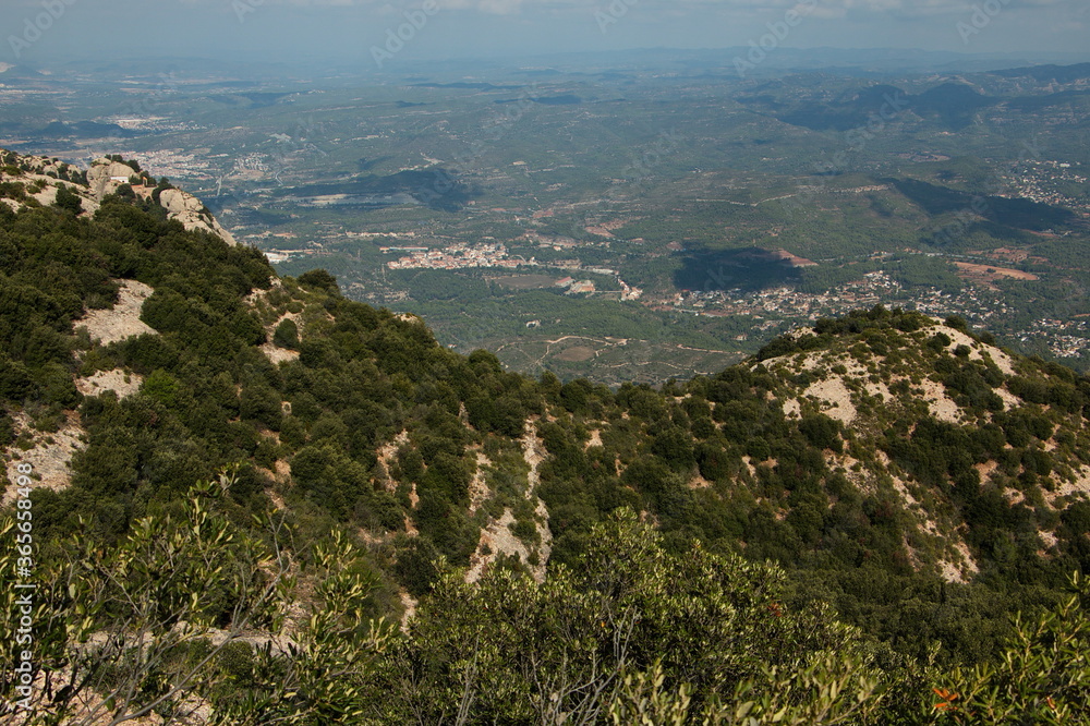 View of Monistrol de Montserrat from Santa Maria de Montserrat Abbey, Catalonia, Spain, Europe
