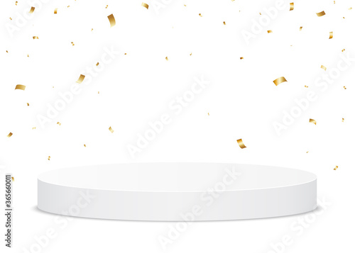 Golden confetti falling on a white podium. Holiday stand or trophy ground for the winner.