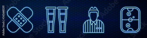 Set line Hockey judge, referee, arbiter, Crossed bandage plaster, Crutch or crutches, Air hockey table and Ice hockey stick and puck. Glowing neon icon on brick wall. Vector.