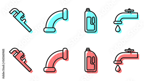 Set line Container with drain cleaner, Pipe adjustable wrench, Industry metallic pipe and Water tap icon. Vector.