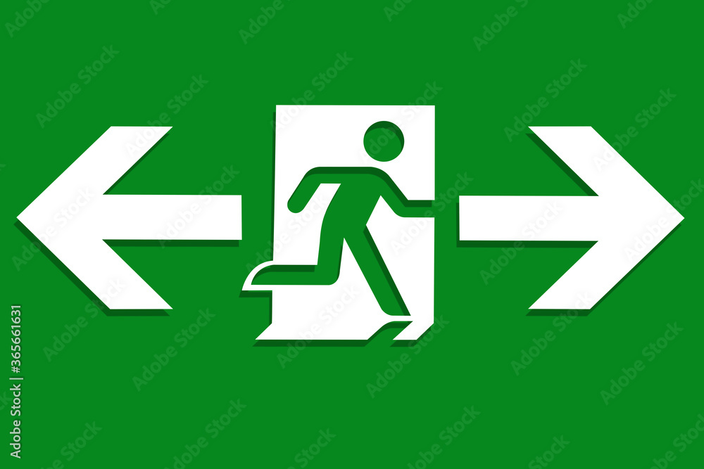 The symbol green emergency exit or exit sign to show people the way out of a building The symbol green emergency exit or exit sign to show people the way out of a building