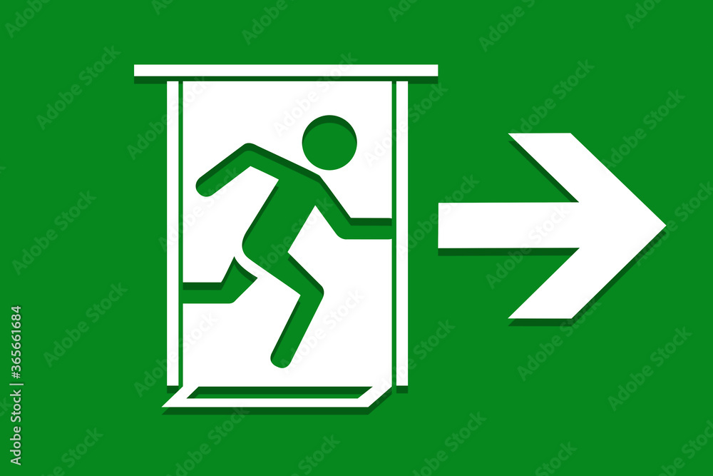 The symbol green emergency exit or exit sign to show people the way out of a building The symbol green emergency exit or exit sign to show people the way out of a building