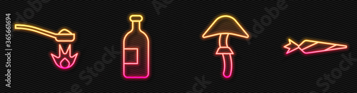 Set line Psilocybin mushroom, Heroin in a spoon, Alcohol drink bottle and Marijuana joint. Glowing neon icon. Vector.