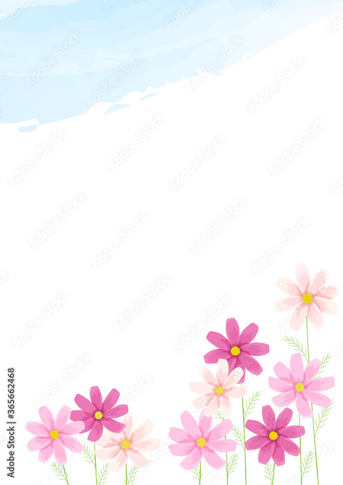 Cosmos illustration background material (blue sky and flowers)