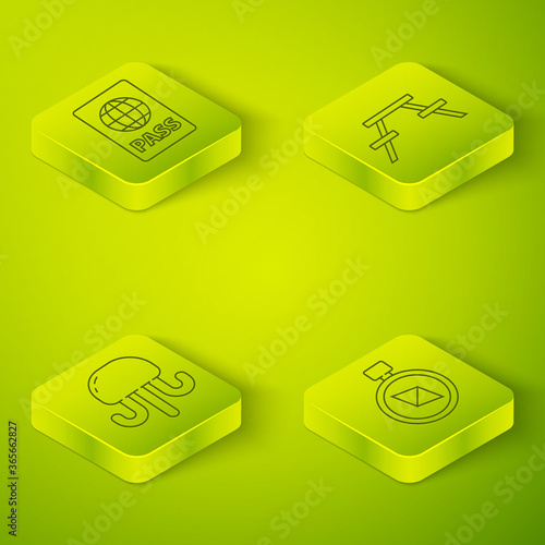 Set Isometric Picnic table with benches, Jellyfish, Compass and Passport icon. Vector.