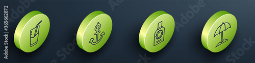 Set Isometric Cocktail and alcohol drink, Anchor, Sunscreen spray bottle and Sun protective umbrella for beach icon. Vector.