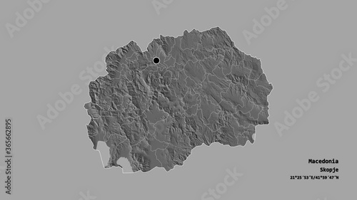 Kočani, municipality of Macedonia, with its capital, localized, outlined and zoomed with informative overlays on a bilevel map in the Stereographic projection. Animation 3D photo