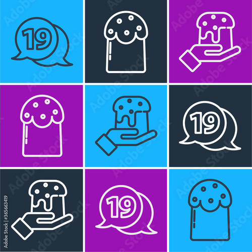 Set line Speech bubble with happy easter, Human hand and easter cake and Easter cake icon. Vector.
