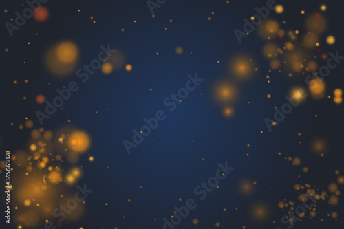 Blurred bokeh light on dark blue background. Christmas and New Year holidays template. Abstract glitter defocused blinking stars and sparks. EPS 10 Vector