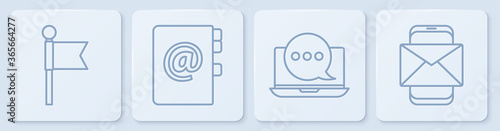 Set line Location marker, Chat messages notification on laptop, Address book and Mobile and envelope. White square button. Vector.