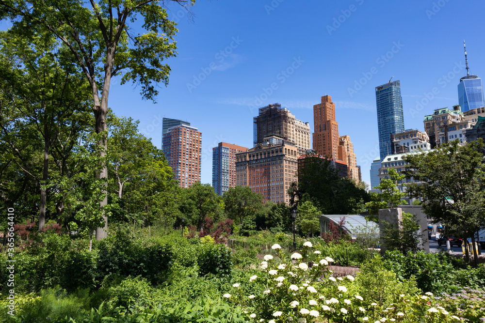 Fototapeta premium Lower Manhattan Skyscrapers seen from The Battery Park with Green Plants and Trees during Summer
