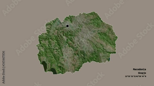 Mogila, municipality of Macedonia, with its capital, localized, outlined and zoomed with informative overlays on a satellite map in the Stereographic projection. Animation 3D photo