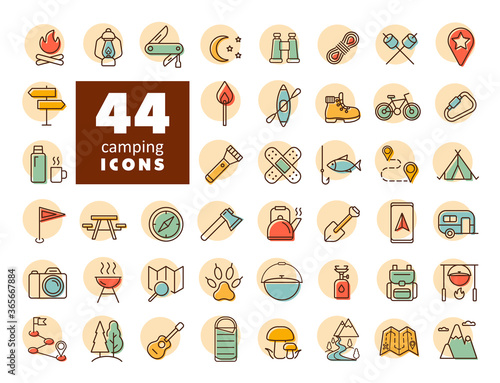 Camping, Hiking and Outdoor Activities icons set