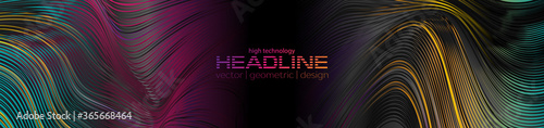 Dark abstract tech banner with liquid curved glossy waves. Colorful refraction vector background