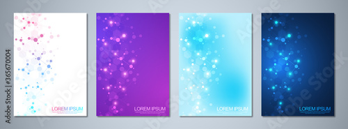 Set of template brochures or cover design, book, flyer, with molecules background and neural network. Abstract geometric background of connected lines and dots. Science and technology concept.