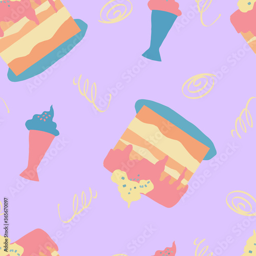 Summer vector seamless pattern with bright cakes and sundaes 