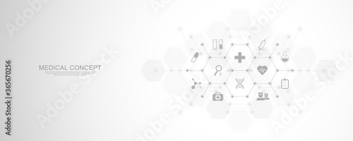 Medical background with flat icons and symbols. Template design with concept and idea for healthcare technology, innovation medicine, health, science, and research.