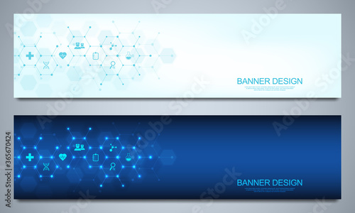 Banners design template for healthcare and medical decoration with flat icons and symbols. Science, medicine and innovation technology concept.