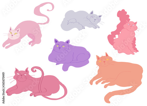 Pastel cats with different expressions vector illustration set isolated on white background