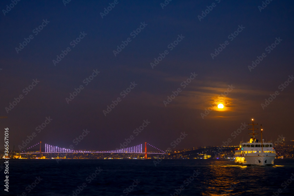 Cityscape of Istanbul at night during lunar eclipse