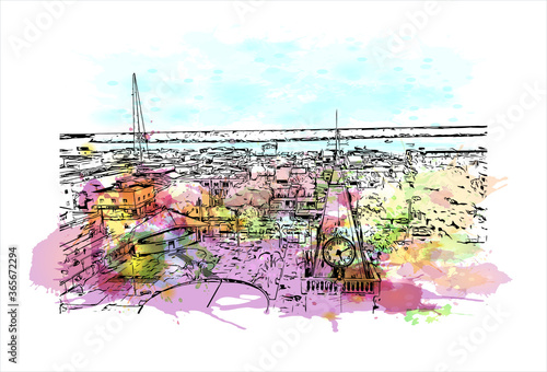 Building view with landmark of The city of Abaetetuba is located in Para State, Brazil. Watercolor splash with hand drawn sketch illustration in vector. photo